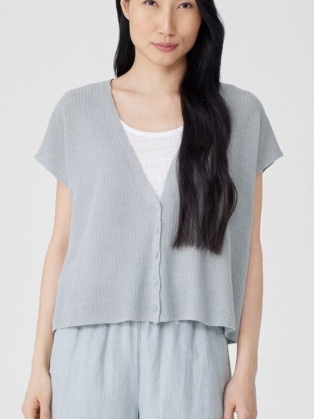 Eileen Fisher Organic Linen/Cotton Short-Sleeve Cardigan, Boxy Fit, Short Length